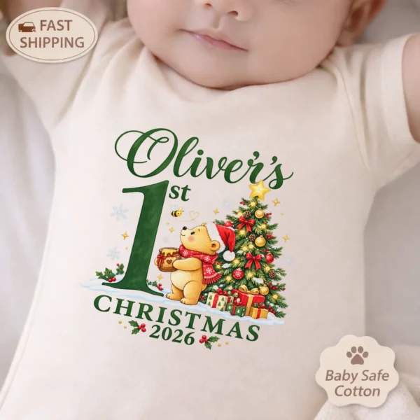 Teddy Bear First Christmas Baby Bodysuit with Custom Name and Year — baby bodysuit mockup personalized first Christmas teddy bear baby bodysuit product photo