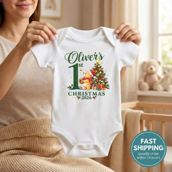 Teddy Bear First Christmas Baby Bodysuit with Custom Name and Year — baby bodysuit mockup personalized first Christmas teddy bear baby bodysuit front view