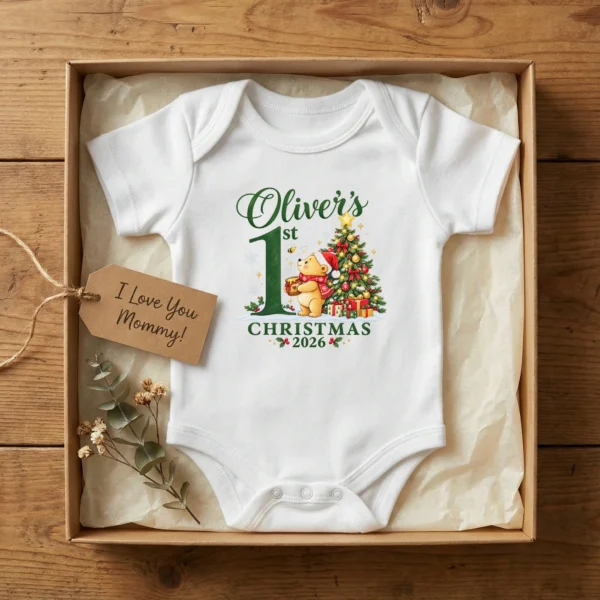 Teddy Bear First Christmas Baby Bodysuit with Custom Name and Year — baby bodysuit mockup personalized first Christmas teddy bear baby bodysuit lifestyle scene