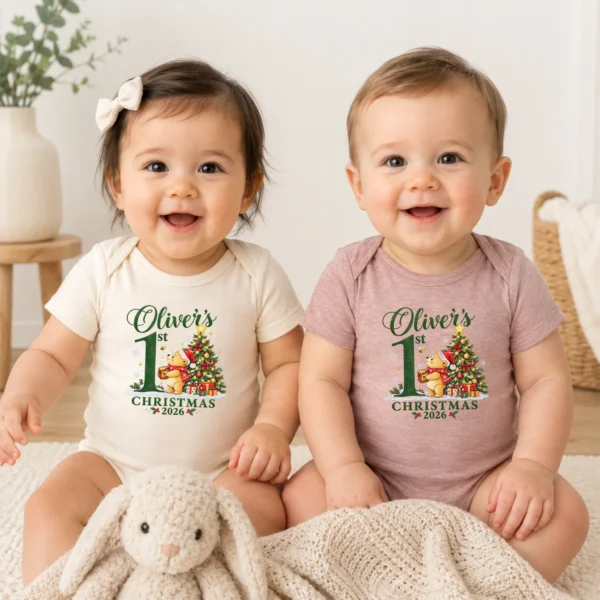 Teddy Bear First Christmas Baby Bodysuit with Custom Name and Year — baby bodysuit mockup personalized first Christmas teddy bear baby bodysuit model mockup