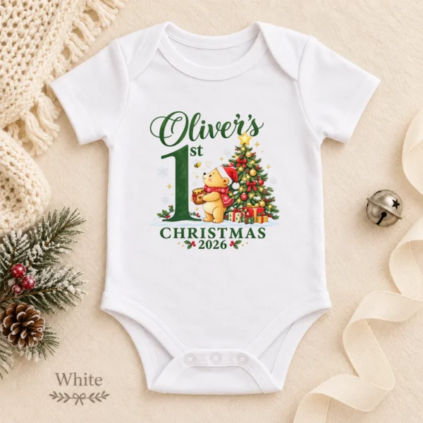 Teddy Bear First Christmas Baby Bodysuit with Custom Name and Year — alternate product mockup personalized first Christmas teddy bear baby bodysuit color options