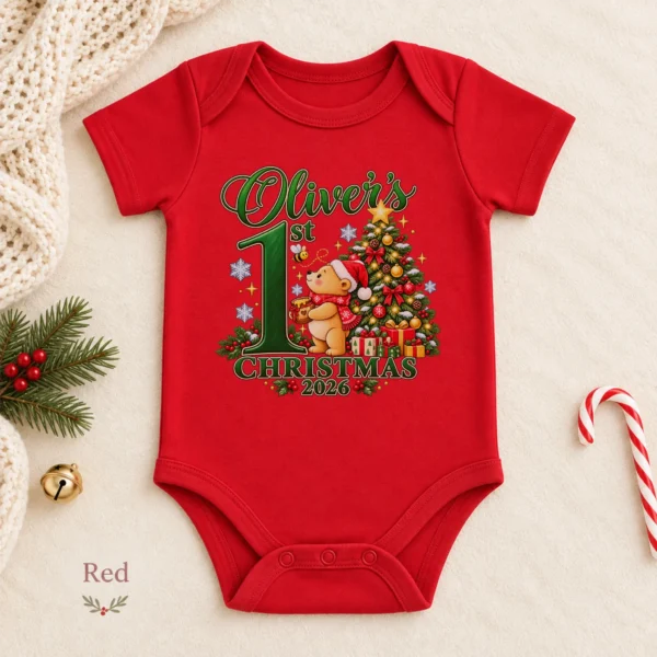 Teddy Bear First Christmas Baby Bodysuit with Custom Name and Year — alternate product mockup personalized first Christmas teddy bear baby bodysuit color options