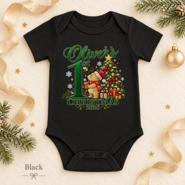 Teddy Bear First Christmas Baby Bodysuit with Custom Name and Year — alternate product mockup personalized first Christmas teddy bear baby bodysuit color options