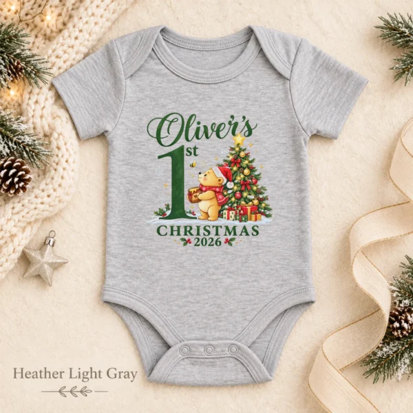 Teddy Bear First Christmas Baby Bodysuit with Custom Name and Year — alternate product mockup personalized first Christmas teddy bear baby bodysuit color options