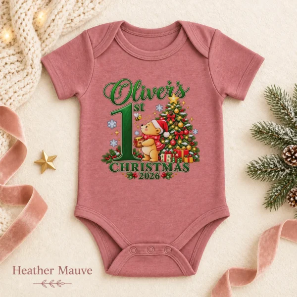 Teddy Bear First Christmas Baby Bodysuit with Custom Name and Year — alternate product mockup personalized first Christmas teddy bear baby bodysuit color options