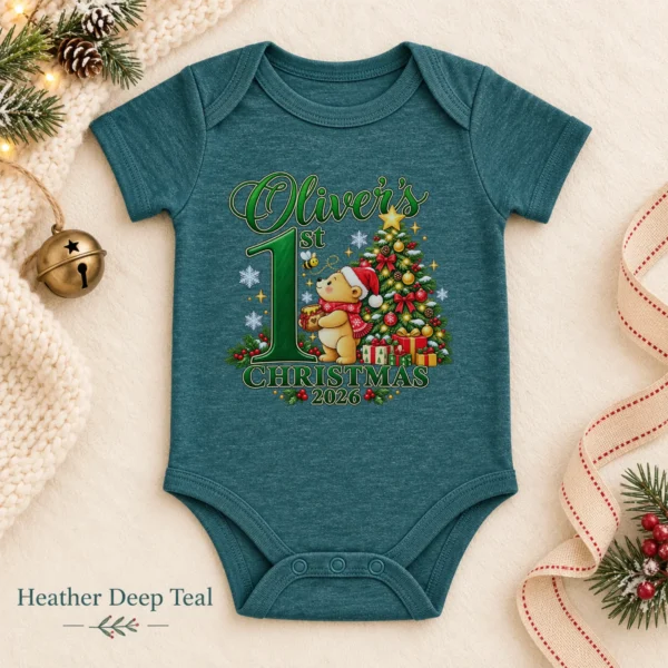 Teddy Bear First Christmas Baby Bodysuit with Custom Name and Year — alternate product mockup personalized first Christmas teddy bear baby bodysuit color options