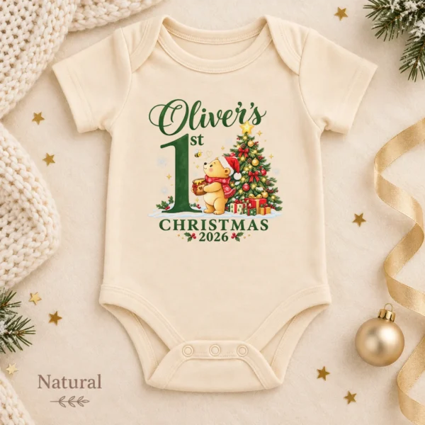Teddy Bear First Christmas Baby Bodysuit with Custom Name and Year — alternate product mockup personalized first Christmas teddy bear baby bodysuit color options