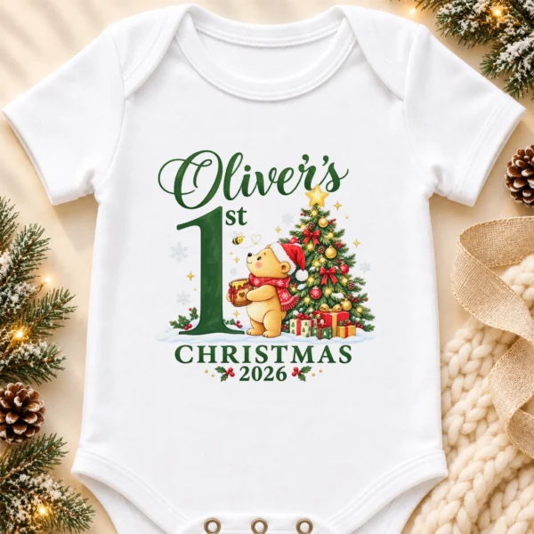 personalized first Christmas teddy bear baby bodysuit