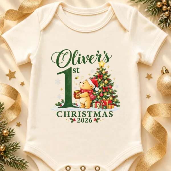 Teddy Bear First Christmas Baby Bodysuit with Custom Name and Year — alternate product mockup personalized first Christmas teddy bear baby bodysuit product photo