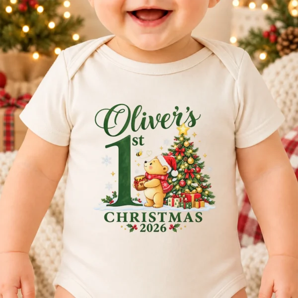 Teddy Bear First Christmas Baby Bodysuit with Custom Name and Year — alternate product mockup personalized first Christmas teddy bear baby bodysuit mockup view