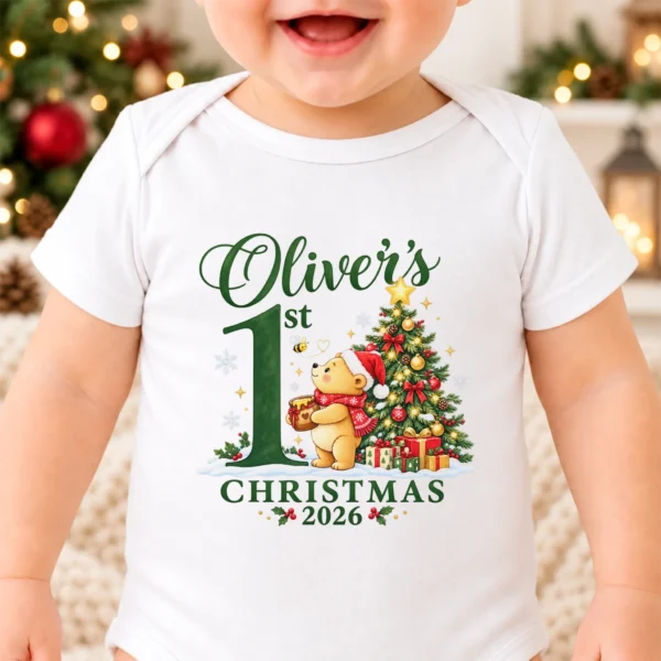 Teddy Bear First Christmas Baby Bodysuit with Custom Name and Year — alternate product mockup personalized first Christmas teddy bear baby bodysuit product photo
