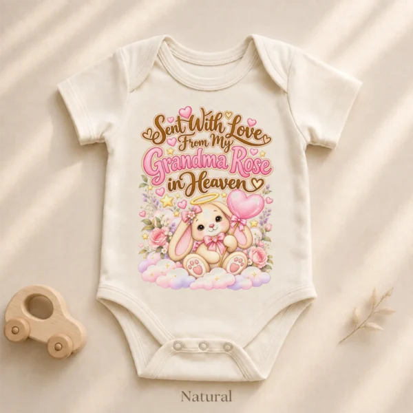 Personalized Grandma in Heaven Memorial Baby Bodysuit — alternate product mockup personalized grandma in heaven memorial baby bodysuit styled product photo