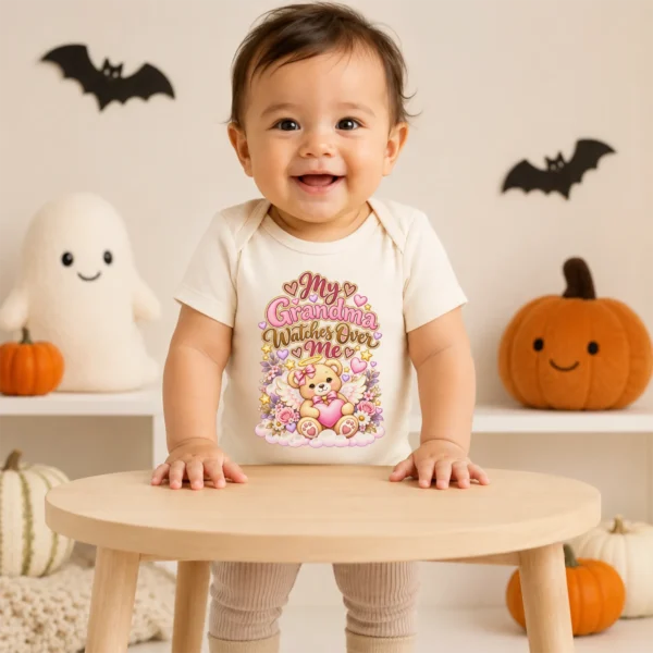 Personalized Grandma Watches Over Me Baby Bodysuit — baby bodysuit mockup personalized grandma watches over me baby bodysuit product photo