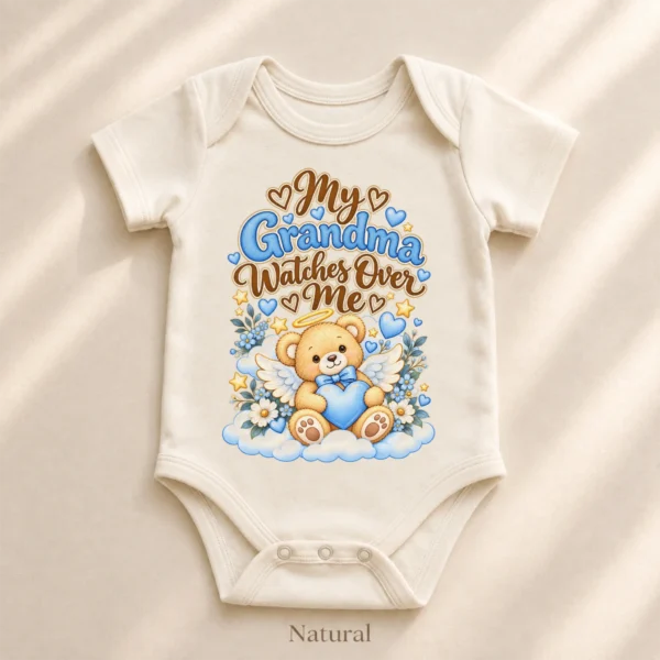 Personalized Grandma Watches Over Me Baby Bodysuit — alternate product mockup personalized grandma watches over me baby bodysuit close-up detail