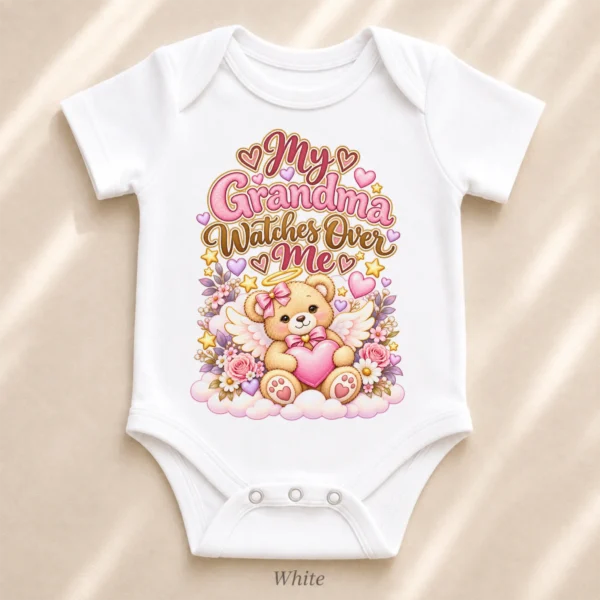 Personalized Grandma Watches Over Me Baby Bodysuit — alternate product mockup personalized grandma watches over me baby bodysuit styled product photo