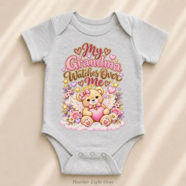 Personalized Grandma Watches Over Me Baby Bodysuit — alternate product mockup personalized grandma watches over me baby bodysuit front view
