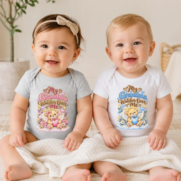 Personalized Grandma Watches Over Me Baby Bodysuit — baby bodysuit mockup personalized grandma watches over me baby bodysuit model mockup