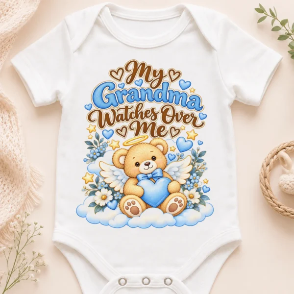 Personalized Grandma Watches Over Me Baby Bodysuit — baby bodysuit mockup personalized grandma watches over me baby bodysuit close-up detail