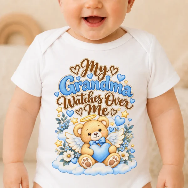 Personalized Grandma Watches Over Me Baby Bodysuit — baby bodysuit mockup personalized grandma watches over me baby bodysuit close-up detail