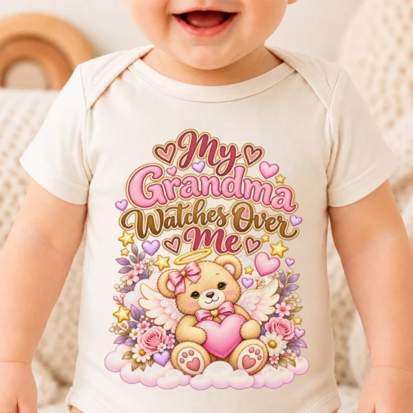 Personalized Grandma Watches Over Me Baby Bodysuit — baby bodysuit mockup personalized grandma watches over me baby bodysuit close-up detail