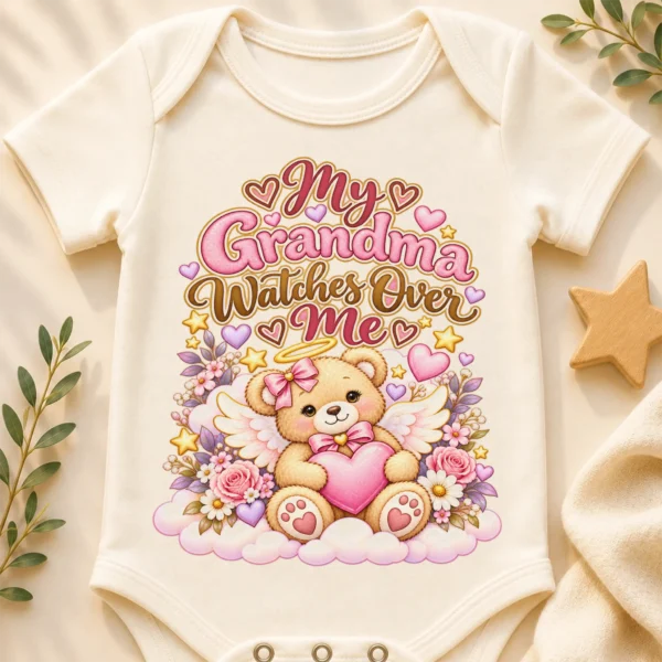 Personalized Grandma Watches Over Me Baby Bodysuit — baby bodysuit mockup personalized grandma watches over me baby bodysuit close-up detail