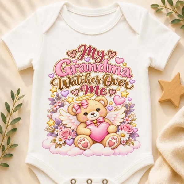 Personalized Grandma Watches Over Me Baby Bodysuit — baby bodysuit mockup personalized grandma watches over me baby bodysuit close-up detail