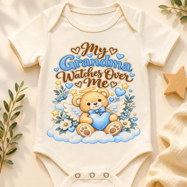 Personalized Grandma Watches Over Me Baby Bodysuit — baby bodysuit mockup personalized grandma watches over me baby bodysuit close-up detail