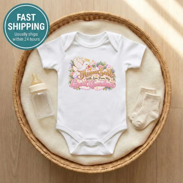 Personalized Great Grandma Heaven Sent Baby Bodysuit — baby bodysuit mockup personalized great grandma heaven sent baby bodysuit lifestyle scene