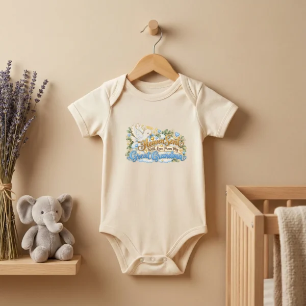 Personalized Great Grandma Heaven Sent Baby Bodysuit — baby bodysuit mockup personalized great grandma heaven sent baby bodysuit product photo