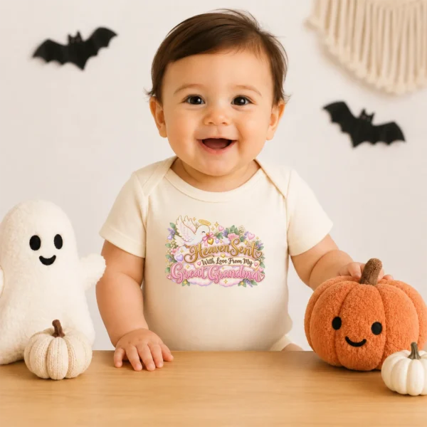 Personalized Great Grandma Heaven Sent Baby Bodysuit — baby bodysuit mockup personalized great grandma heaven sent baby bodysuit product photo