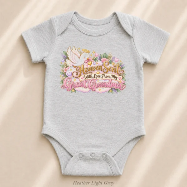Personalized Great Grandma Heaven Sent Baby Bodysuit — alternate product mockup personalized great grandma heaven sent baby bodysuit product photo