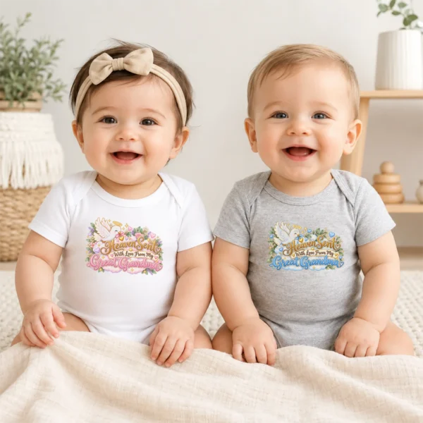 Personalized Great Grandma Heaven Sent Baby Bodysuit — baby bodysuit mockup personalized great grandma heaven sent baby bodysuit model mockup
