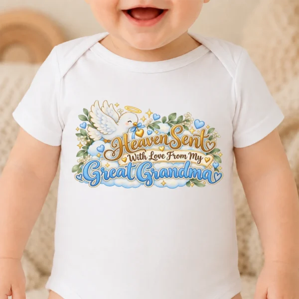 Personalized Great Grandma Heaven Sent Baby Bodysuit — baby bodysuit mockup personalized great grandma heaven sent baby bodysuit close-up detail