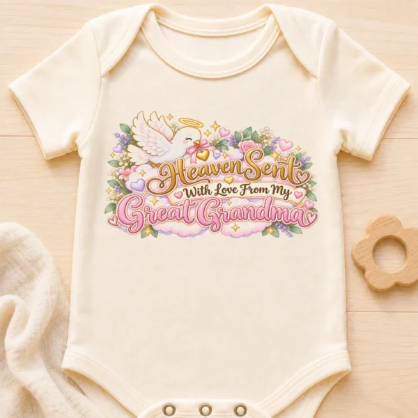 Personalized Great Grandma Heaven Sent Baby Bodysuit — baby bodysuit mockup personalized great grandma heaven sent baby bodysuit close-up detail