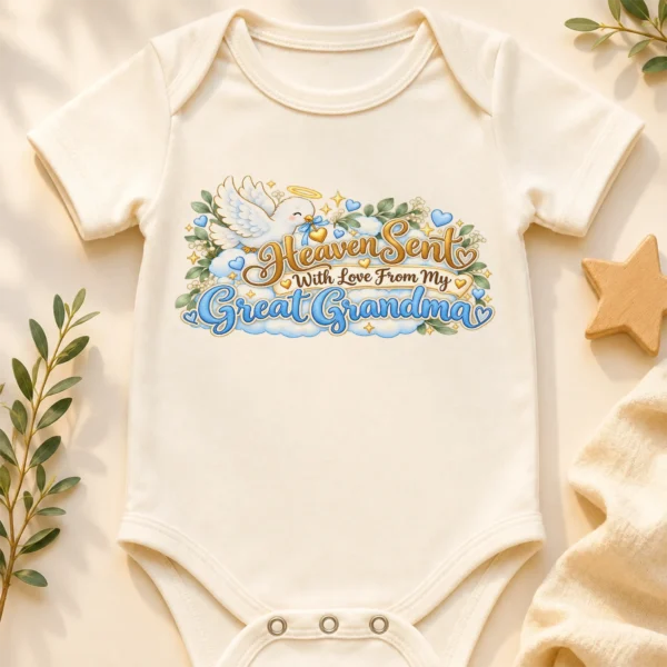 Personalized Great Grandma Heaven Sent Baby Bodysuit — baby bodysuit mockup personalized great grandma heaven sent baby bodysuit close-up detail