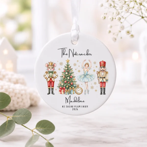 Personalized Nutcracker Ornament with Name and Year for Ballet Dancers — alternate product mockup personalized nutcracker ornament with name and year for ballet dancers product image styled product photo
