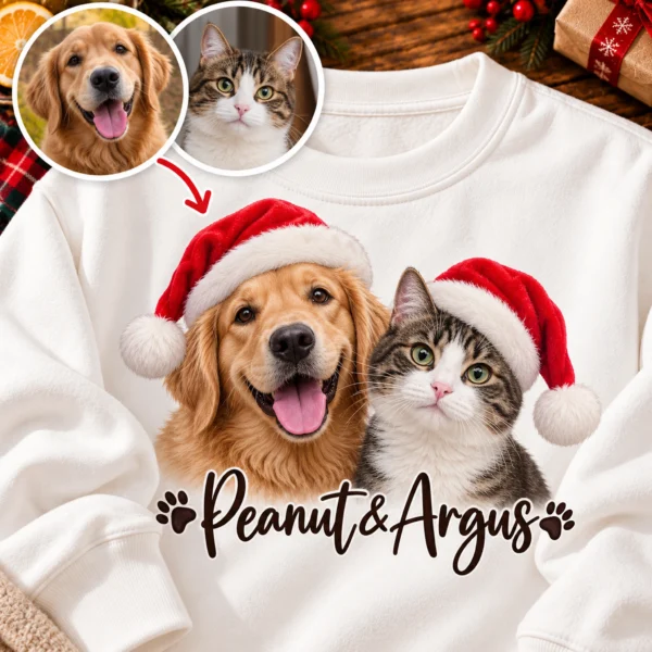 Personalized Pet Christmas Sweatshirt, Custom Dog Cat Photo Shirt — product mockup personalized pet photo sweatshirt t-shirt front view