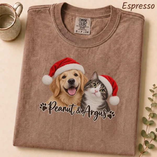 Personalized Pet Christmas Sweatshirt, Custom Dog Cat Photo Shirt — alternate product mockup personalized pet photo sweatshirt t-shirt close-up detail