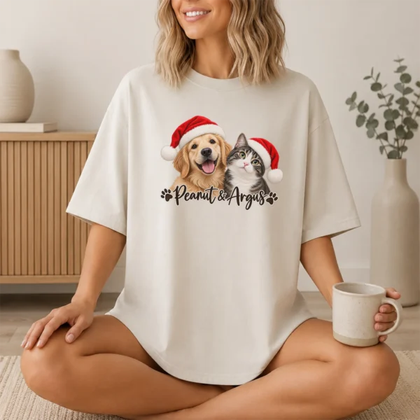 Personalized Pet Christmas Sweatshirt, Custom Dog Cat Photo Shirt — lifestyle mockup personalized pet photo sweatshirt t-shirt lifestyle scene