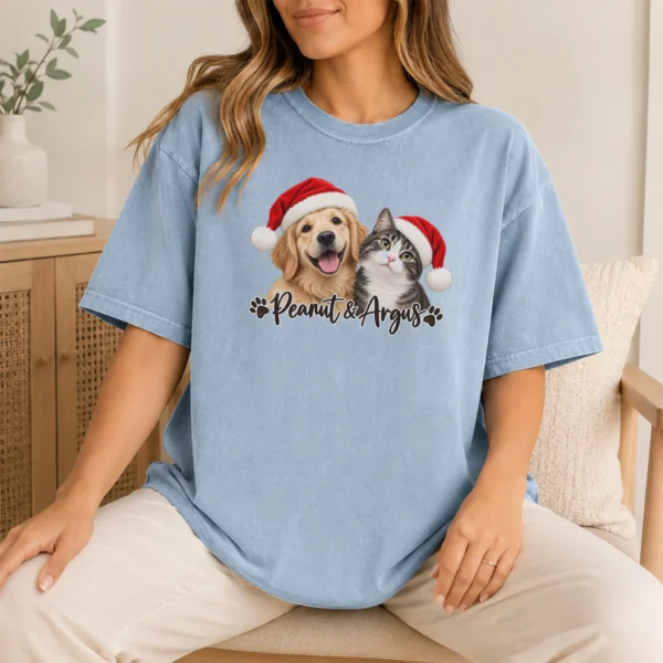 Personalized Pet Christmas Sweatshirt, Custom Dog Cat Photo Shirt — lifestyle mockup personalized pet photo sweatshirt t-shirt lifestyle scene