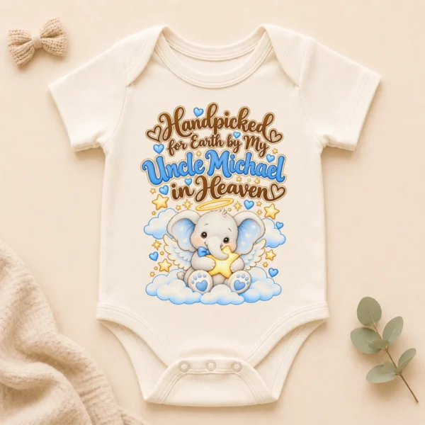 Personalized Uncle in Heaven Handpicked Baby Bodysuit — alternate product mockup personalized uncle in heaven handpicked baby bodysuit close-up detail