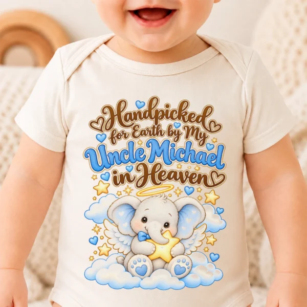 Personalized Uncle in Heaven Handpicked Baby Bodysuit — baby bodysuit mockup personalized uncle in heaven handpicked baby bodysuit close-up detail