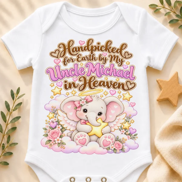 Personalized Uncle in Heaven Handpicked Baby Bodysuit — baby bodysuit mockup personalized uncle in heaven handpicked baby bodysuit close-up detail