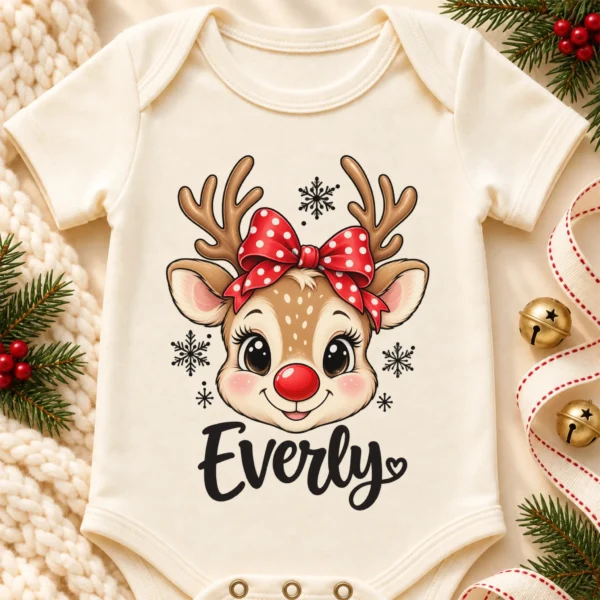 Personalized Xmas Reindeer Bodysuit & Toddler Tee, Sweatshirt, Hoodie — alternate product mockup personalized xmas reindeer bodysuit & toddler tee baby bodysuit product photo