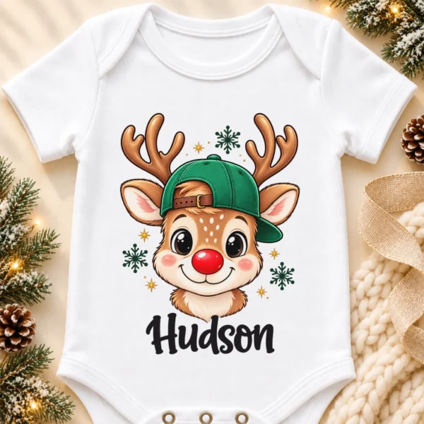 Personalized Xmas Reindeer Bodysuit & Toddler Tee, Sweatshirt, Hoodie — alternate product mockup personalized xmas reindeer bodysuit & toddler tee baby bodysuit front view
