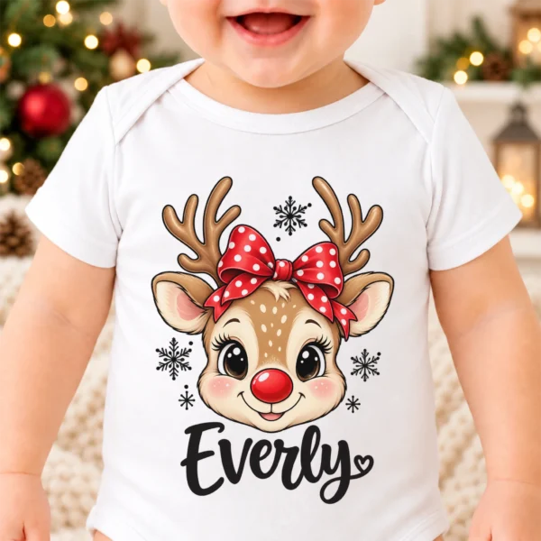 Personalized Xmas Reindeer Bodysuit & Toddler Tee, Sweatshirt, Hoodie — product mockup personalized xmas reindeer bodysuit & toddler tee baby bodysuit lifestyle scene