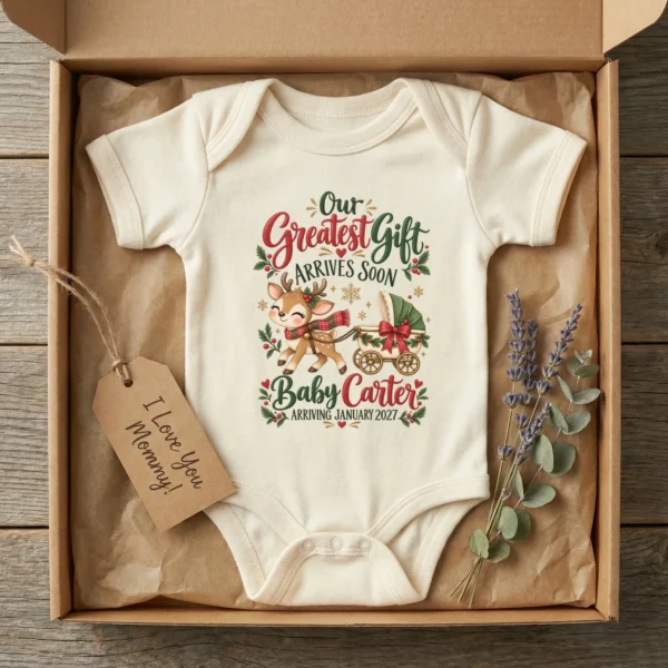 Reindeer Christmas Pregnancy Announcement Personalized Baby Bodysuit — baby bodysuit mockup reindeer christmas pregnancy announcement personalized baby bodysuit product photo