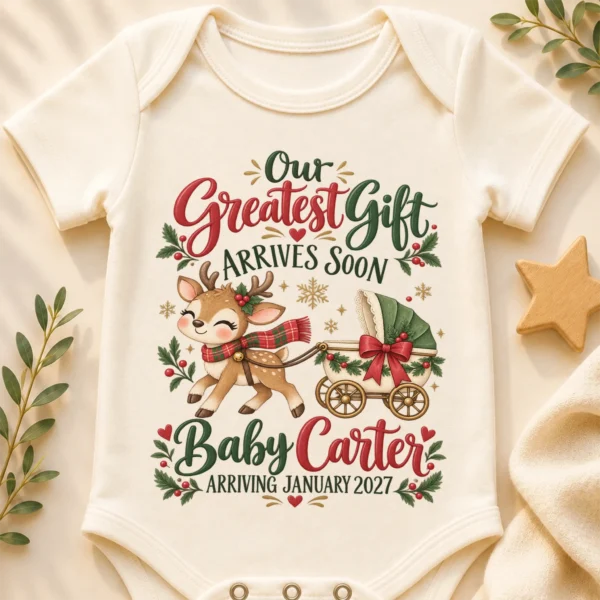 Reindeer Christmas Pregnancy Announcement Personalized Baby Bodysuit — baby bodysuit mockup reindeer christmas pregnancy announcement personalized baby bodysuit close-up detail