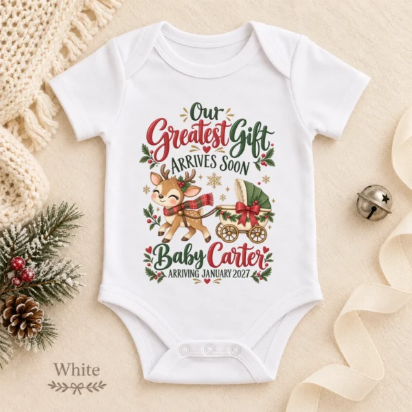 Reindeer Christmas Pregnancy Announcement Personalized Baby Bodysuit — alternate product mockup reindeer christmas pregnancy announcement personalized baby bodysuit color options