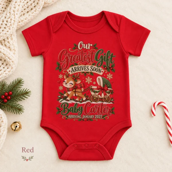 Reindeer Christmas Pregnancy Announcement Personalized Baby Bodysuit — alternate product mockup reindeer christmas pregnancy announcement personalized baby bodysuit color options
